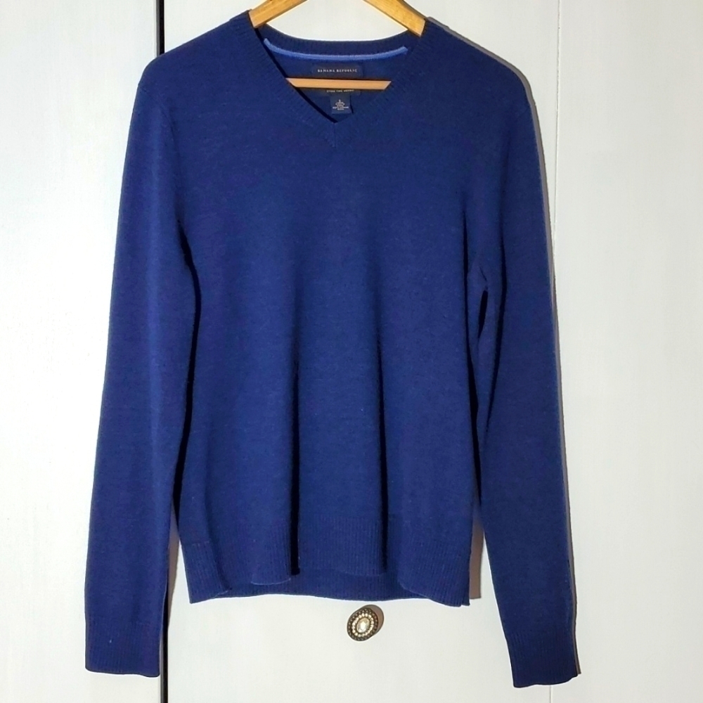Banana Republic| Mens Navy Blue Extra Fine Merino Wool Vneck Sweater Preppy S